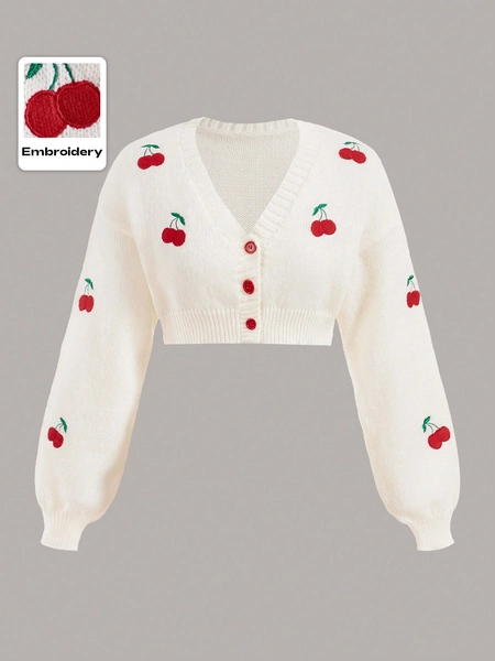 ROMWE Kawaii Chaqueta corta de cárdigan con mangas de linterna y bordado de cerezas, para la escuela