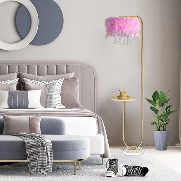 beaysyty Unique Led Pink Feather Floor Lamp with Tray,Ostrich Feather Stand Lamp,Living Room Bedroom Office Shop Window Decoration Lamp,Foot Switch and Brass/Gold Finish Arc Floor Lamp