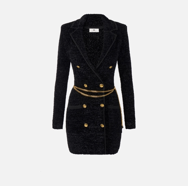 Jurk van chenille met bouclé-effect en ceintuur