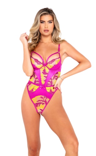 LI519 - Orchid & Mango Embroidered Teddy - Roma Confidential - Medium / Pink/Yellow