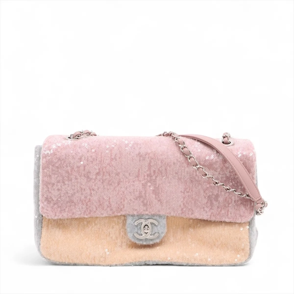 Chanel Coco Mark Sequins Single Flap Double Chain Bag Multicolor Silver Metal Fi