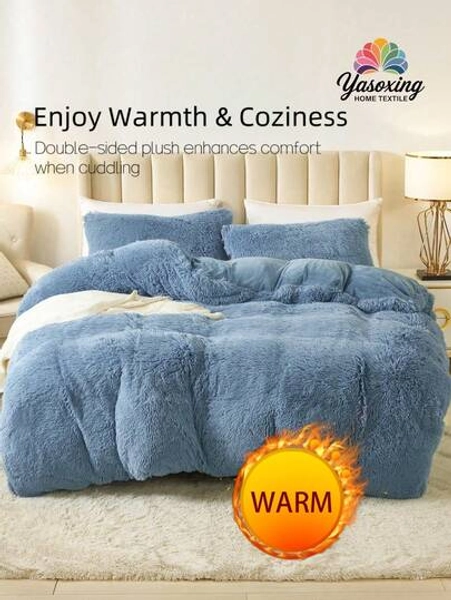3Pcs Blue Bedding Plush Shaggy Duvet Cover Set Fluffy Duvet Cover With Pillowcases (1pc Fluffy Duvet Cover+2pcs Pillowcases) Bedding Set For Bedroom Guest Room King Queen Full Twin Size