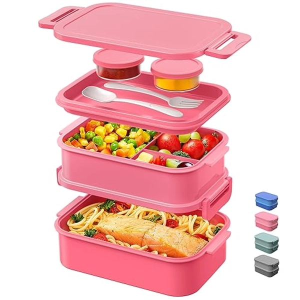 DaCool Adults Bento Box Lunch Box - Stackable All-in-One Leakproof Bento Lunch Box for Adults Women Girls 74 OZ Large Lunch Containers with Fork Spoon Sauce Boxes for Work School Dining Out, Pink