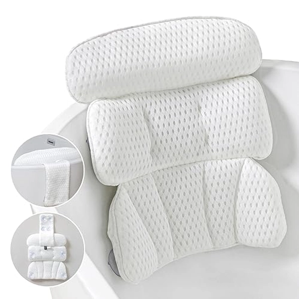 Bath Pillow Bathtub Pillow for Tub Luxury Bath Tub Pillows for Tub Neck and Back Support with 4D Air Mesh Fabric and 8 Strong Powerfull Non-Slip Suction Cups Relaxing Bath Accessories Spa Gifts, White