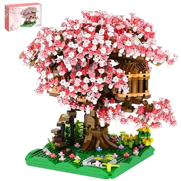 CAXIMSY Cherry Blossom Bonsai Tree House Building Blocks Set Plants Pink Flowers Treehouse Architecture Micro Mini block Gift For Adults And Children 1500 Pieces