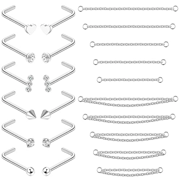ADRAMATA 12Pcs Nose Stud 10Pcs Nose Chain Piercing Surgical Steel Nose Rings with Nose Chain for Double Nose Piercing 20G Nose Studs Silver Nose Piercings for Women Men