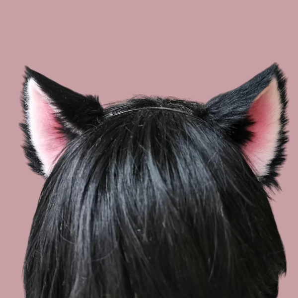 Handmade Cat Ears Headband, Black Faux Fur Ears with Pink Inner Ear Details, Cosplay Accessory, Realistic Catgirl Costume Ears