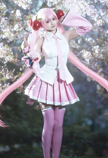 Vocal Pink Sakura Cosplay Costume Top Skirt with Sleeves Tie