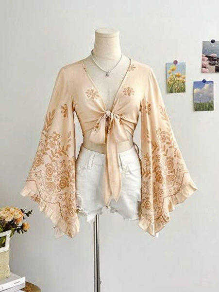 Soleia Summer Outfits For Women,Summer Tops,Western Wear Women,Going Out Tops,Boho,Concert Outfit Women,Rave Outfits Festival,Cruise Attire Women,Birthday Outfits For Women,Vacation Outfits Woman,Tube Top,Tank Tops Women,V-Neck Tie Front Floral Embroidered Butterfly Sleeve Patchwork Shirt, Casual Resort Wear For Women
