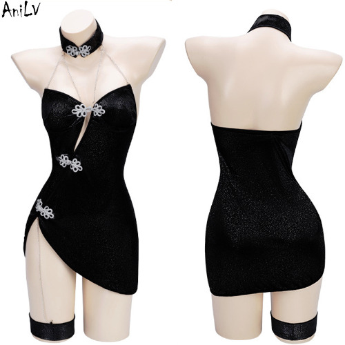 AniLV – robe Cheongsam à chaîne pour femmes, rétro, brillante, Sexy, formelle, mascarade, Cosplay