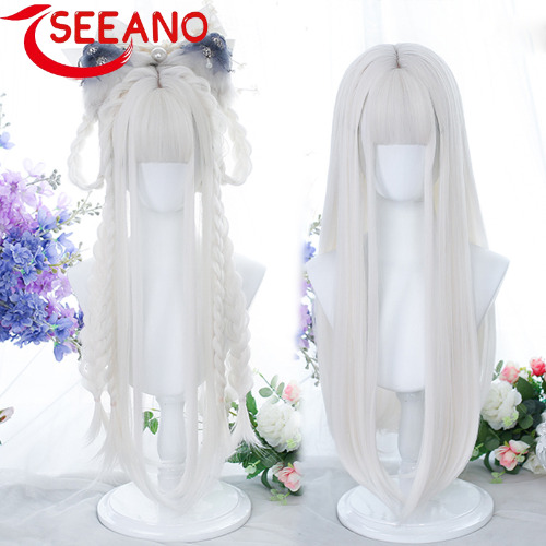 SEEANO Synthetic Long Straight Hair Women's Wig Silver Gradient Gray Wig Cosplay Lolita Bangs Wig Halloween Party Wig Female Wig