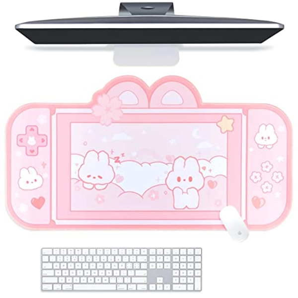 BelugaDesign Bunny Desk Pad | NS Switch Keyboard Gaming Mat Large Mat Mousepad | Pastel Pink Easter Animal Kawaii Cute Anime Desk Blotter Protector (Pink Rabbit, Large)