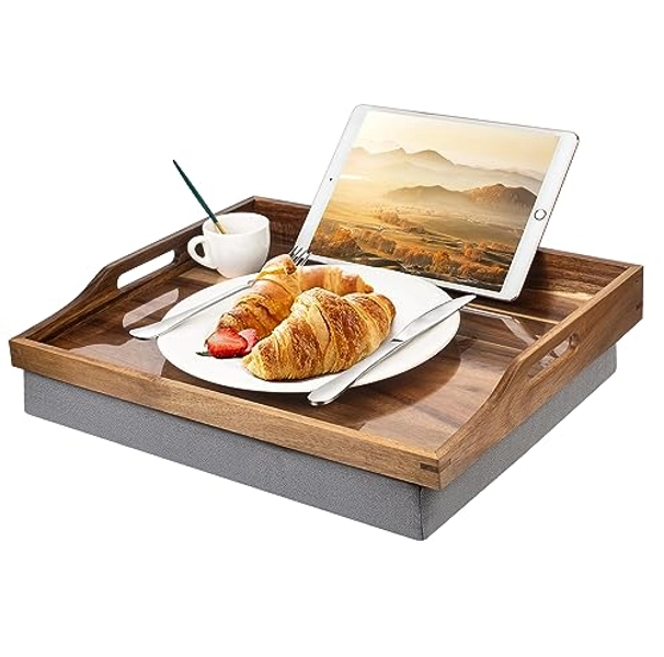 DRELIFAM Lap Desk with Cushion,Wooden Bed Tray Table for Eating,Lap Tray in Recliner,Breakfast Tray,TV Dinner Bed Food Trays (Acacia Wood 1-1)