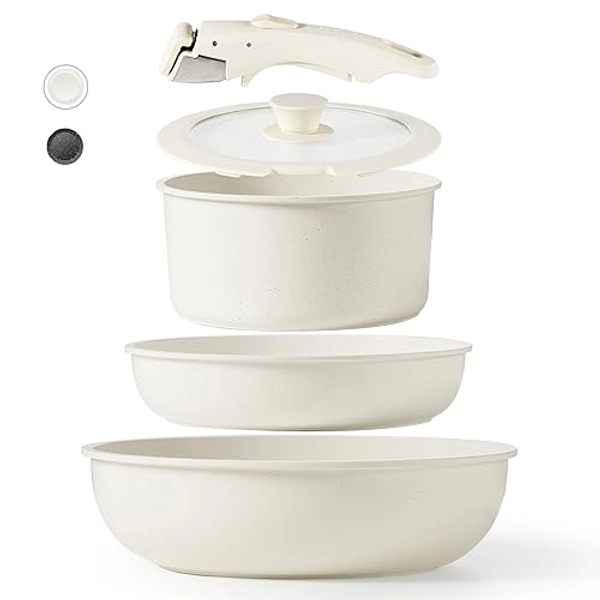 CAROTE Nonstick Cookware Sets, Non Stick Pots and Pans Set Detachable Handle, Kitchen Cookware Sets with Removable Handle, Stackable RV Cookware for Campers, Oven Safe (White 5 PCS)