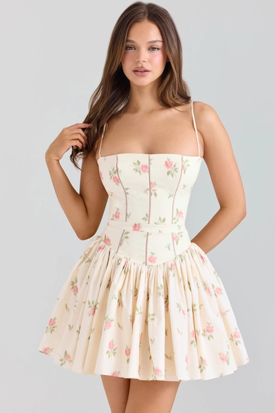 Ysabella Cream Rose Print Stretch Cotton Mini Sundress
