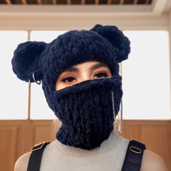 Solid Color Bear Ear Knit Balaclava Hat