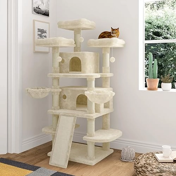 IMUsee 68 Inches Multi-Level Large Cat Tree for Large Kitties/Big Cat Tower with Condo/Cozy Plush Perches/Sisal Scratching Posts and Hammocks/ Feline Activity Center Play House/Beige