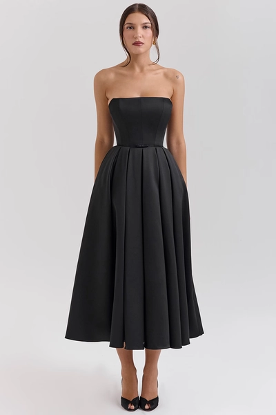 Contessa Black Strapless Satin Corset Midi Dress