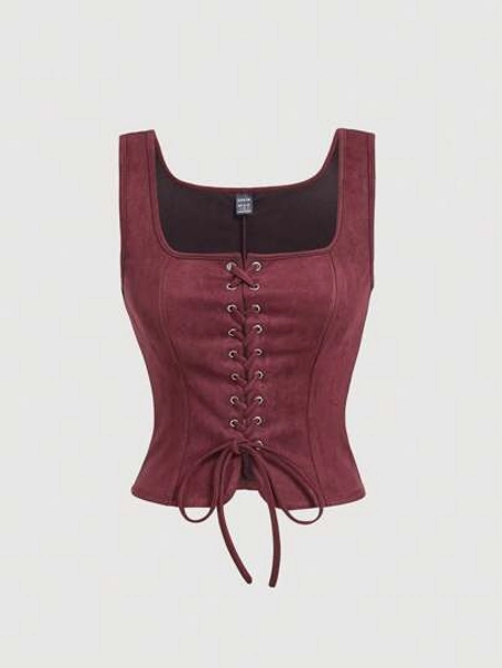 SHEIN MOD Lace Up Front Brown Center Front Lace-Up Eyelets Tank Top Without Blouse