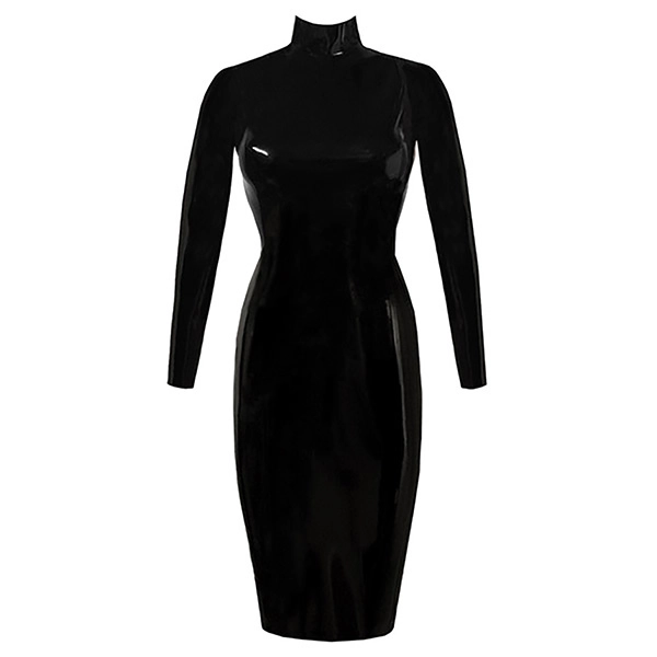 Latex Joy Pencil Dress in supatex black and semi-trans natural lace