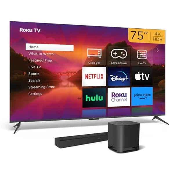 Roku 75" Select Series Smart TV, 2023 Wireless Soundbar & Bass Subwoofer Bundle - RokuTV Audio