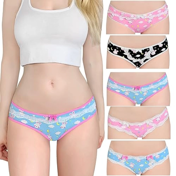 Littleforbig Women's Ladies Soft Cotton Underwear Comfortable Hipster Briefs 5 Colorful Pack Panties Set - Bedtime Bunny