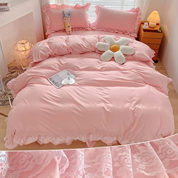 MOOWOO Chic Ruffle Lace Polyester Duvet Cover Set -Girl Pink Bedding-2 Piece Twin Duvet Cover with Zipper Closure -Ultra Soft and Light Weight (Pink, Twin)