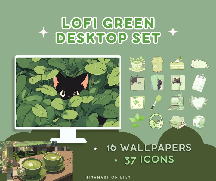Lofi Matcha Green Desktop Set Wallpapers Icons - Windows Mac Bundle