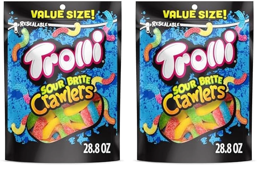Trolli Sour Brite Crawlers Candy, Sour Gummy Worms, 28.8 Ounce Resealable Bag (Pack of 2)