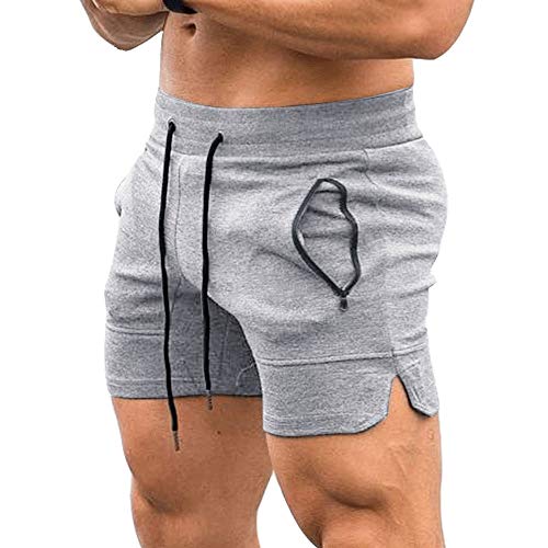 EVERWORTH Men's Solid Gym Workout Shorts Bodybuilding Running Fitted Training Jogging Short Pants with Zipper Pocket 3 Colors - Medium - Light Grey