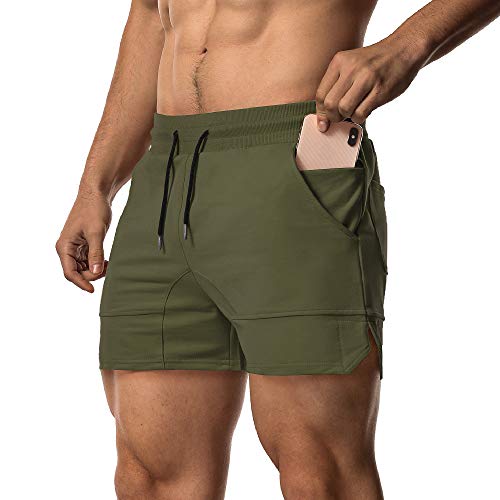 EVERWORTH Men's Solid Gym Workout Shorts Bodybuilding Running Fitted Training Jogging Short Pants with Zipper Pocket 3 Colors - Medium - Green- Normal Pockets