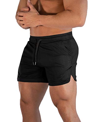 FLYFIREFLY Men's Gym Workout Shorts Running Lightweight Athletic Short Pants Bodybuilding Training - Medium - Black
