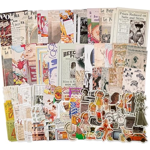 Knaid Vintage Scrapbook Supplies Pack (200 Pieces) for Junk Journal Bullet Journals Planners Aesthetic Paper Stickers Craft Kits Cottagecore Collage Album (Retro)