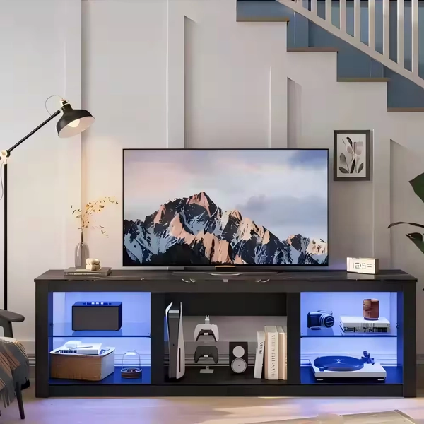 Bestier - 70" TV Stand with LED Lights and Glass Shelves for TVs up to 75" - Black Marble