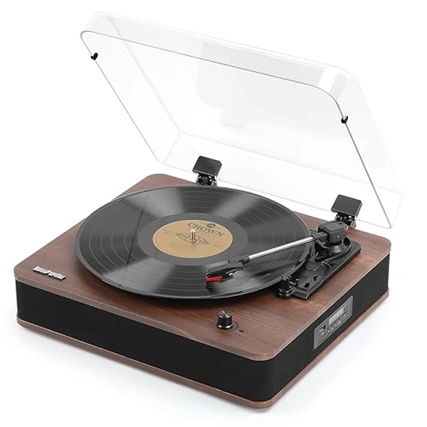 Retrospiler Tourne Disque, Platine Vinyle entrée et Sortie Bluetooth avec Haut-parleurs intégrés, Radio FM, Enregistrement Vinyle-MP3, Lecture USB et SD, écran LED, Noyer