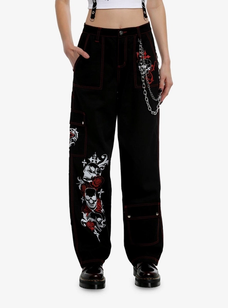 Social Collision Black & Red Contrast Stitch Skull & Chain Wide Leg Cargo Pants