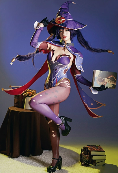 Genshin Impact Mona Megistus Bodysuit Set Cosplay Costume Outfits with Hat and Shawl