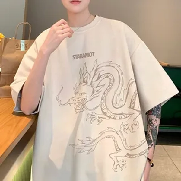 Short-Sleeve Crew Neck Dragon Print T-Shirt