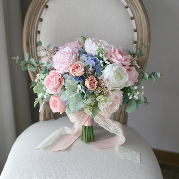 Bridal Huge Princess Bouquet Blush Pink and Pale Blue Classic Wedding Bouquet Design in Rose Peony and Hydrangea