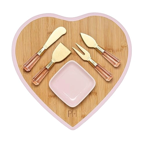 Paris Hilton Charcuterie Board and Serving Set, Bamboo Serving Board, Ceramic Dish, Cheese Utensils with Titanium Coated Blades, 6-Piece Set, Pink