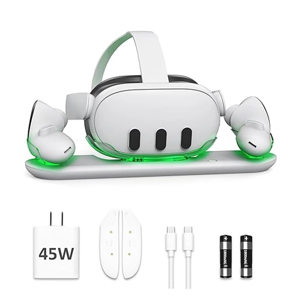 D.Gruoiza VR Charging Station with 45W USB-C Charger for Oculus/Meta Quest 3,LED Indicator Charging Dock Simultaneously Charging Headset and Touch Controller with 2 Rechargeable Battery