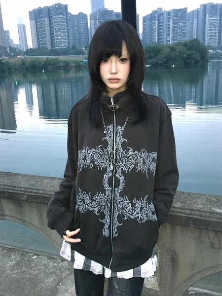 [$32.00]Dark Gray Stand Collar Zip-Up Hoodie with Punk Graphic Print