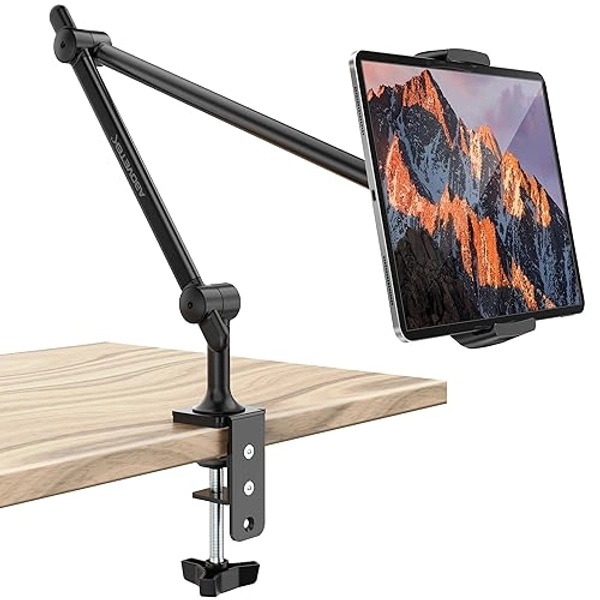 AboveTEK Premium Tablet Stand Holder, Aluminum Adjustable iPad Arm Clamp Mount for Desk & Bed with 360° Rotation, Overhead Compatible with 4.7"-13.5" iPad Pro/Air/Mini, iPhone, Galaxy Tab- Black