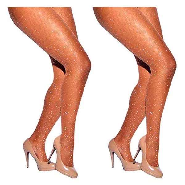DancMolly Sparkle Rhinestone Fishnet Stockings Crystal High Waist Mesh Hollow Out Pantyhose for Women Tights Set