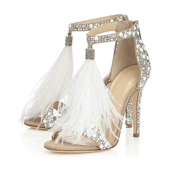 Hinyyrin Women's Tassels Rhinestone Heeled Sandals Wedding Dress White Sandals Stiletto Heel Pearl - 9 White