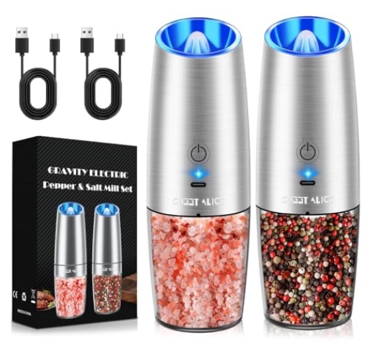 Sweet Alice Rechargeable Electric Pepper and Salt Grinder Set, No Battery Needed, whit Gravity Sensing Switch and LED Light, One Hand Automatic Operation, Sliver 2 Pack - 2.5*2.5*7.9inch - Rechargeable/Set/Silver
