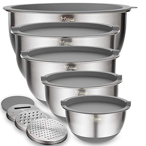 Wildone Mixing Bowls with Lids Set, 5PCS Stainless Steel Grey Nesting Bowls with 3 Grater Attachments, Measurement Marks & Non-Slip Bottoms, Size 5, 3, 2, 1.5, 0.63 QT, Great for Mixing & Serving - Gray