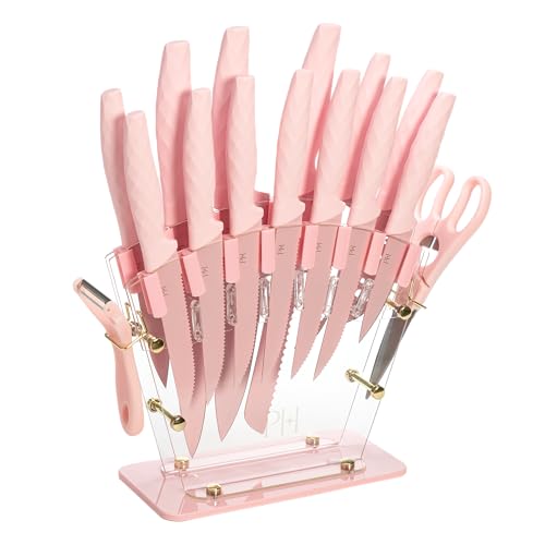 Paris Hilton Knife Block Set with Fan Style Clear Acrylic Knife Block, Premium Stainless Steel Blades with Nonstick Coating, Comfort Grip Handles, 16-Piece Set, Pink and Gold