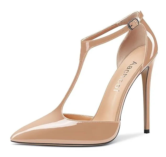 Aachcol Women T-strap Sandals High Stiletto Heel Pointed Toe Mary Jane Ankle Strap Patent Pumps Clear Dress Shoes 5 Inch