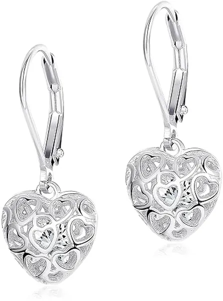 Thunaraz 925 Sterling Silver Filigree Heart Earrings 18K Gold Plated Dangle Heart Earrings with Cubic Zirconia Leverback Heart Drop Earrings for Women